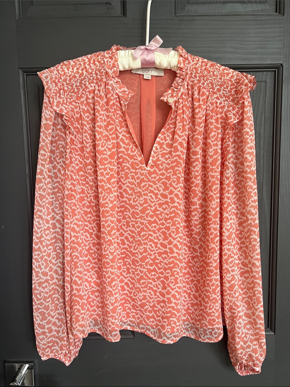 LOFT Coral Pink Printed Ruffle-Neck Blouse, size small